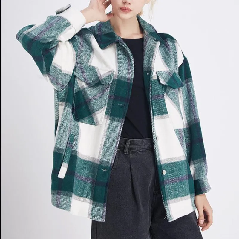 Women's chic plaid oversized jacket coat lapel collar long sleeve tops