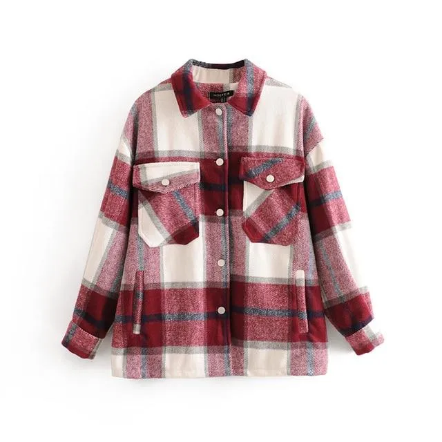 Women's chic plaid oversized jacket coat lapel collar long sleeve tops