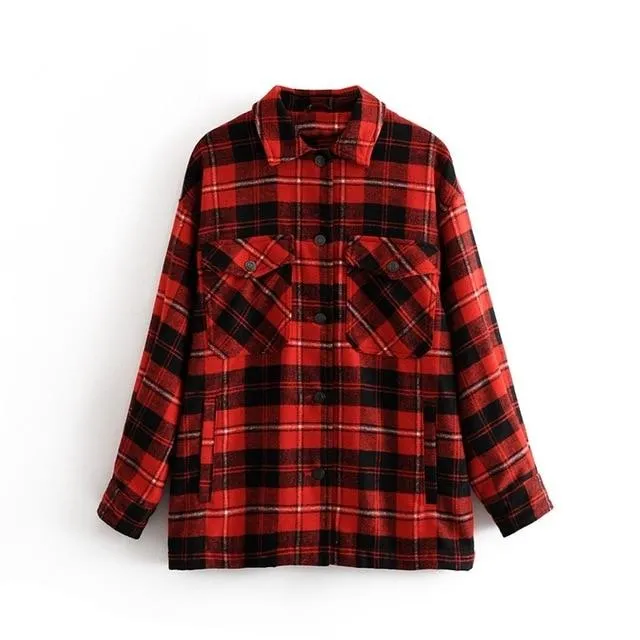 Women's chic plaid oversized jacket coat lapel collar long sleeve tops