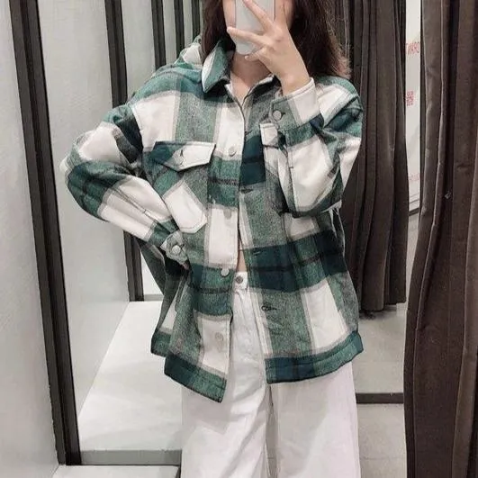 Women's chic plaid oversized jacket coat lapel collar long sleeve tops