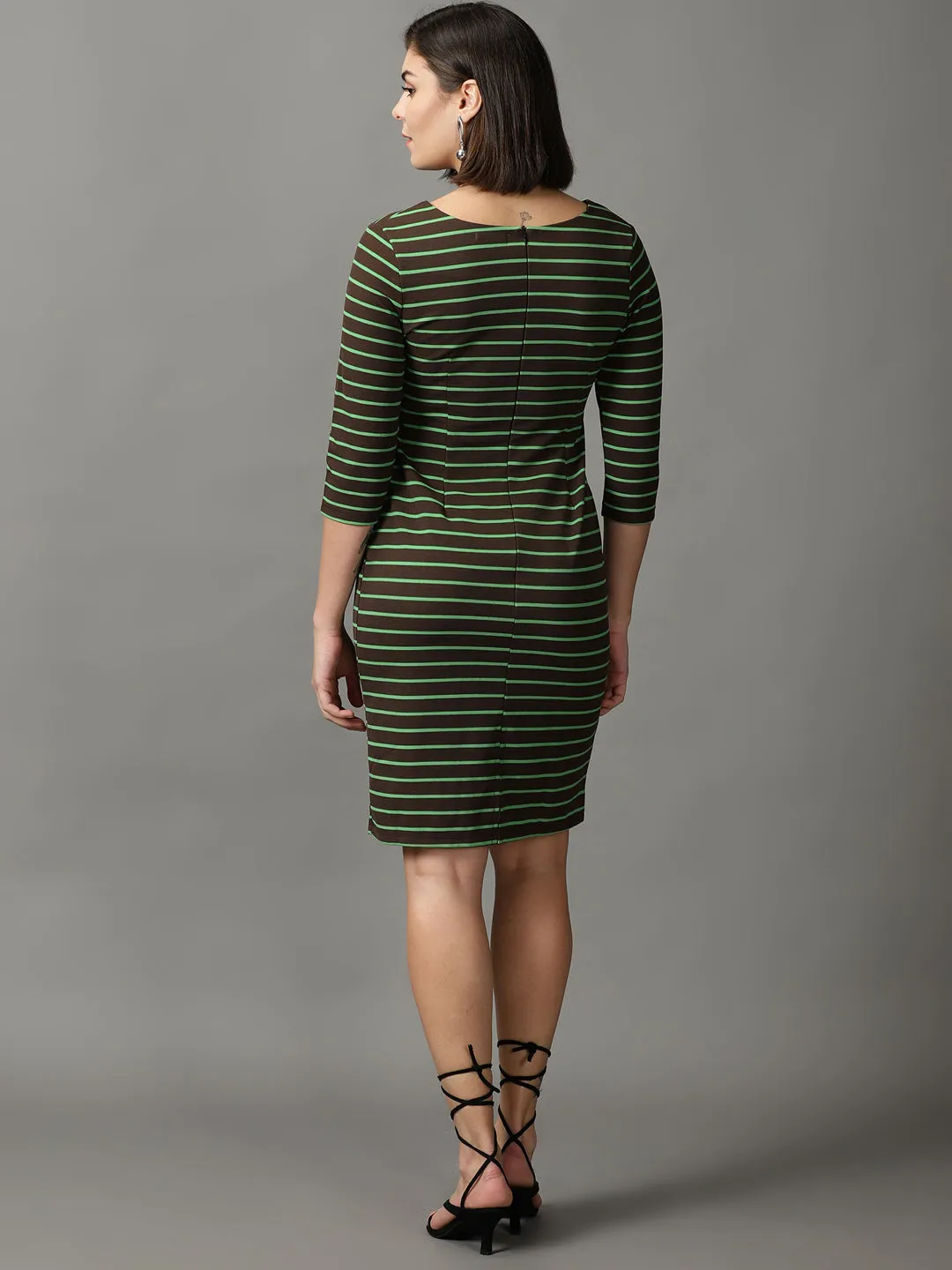 Women's Coffee Brown Striped Bodycon Dress