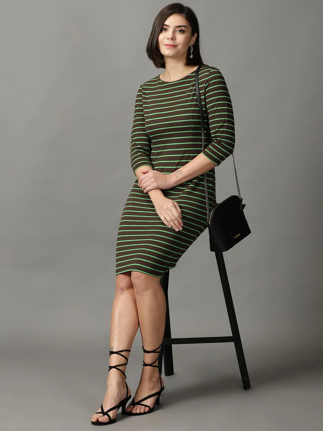 Women's Coffee Brown Striped Bodycon Dress