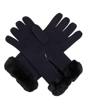 Women's Fur Trim Cashmere Gloves Navy Blue