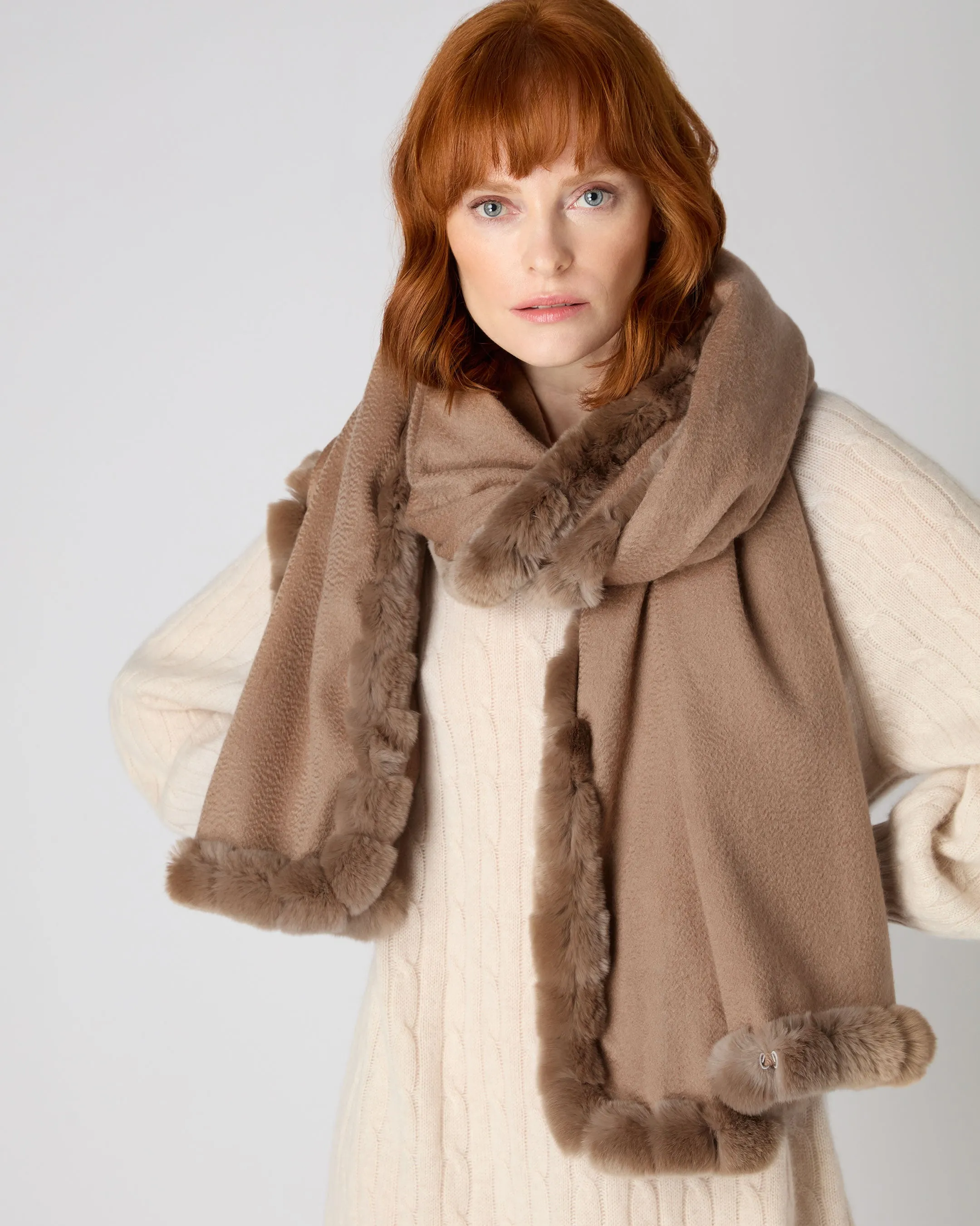 Women's Meribel Woven Fur Trim Cashmere Shawl Dark Tan Brown