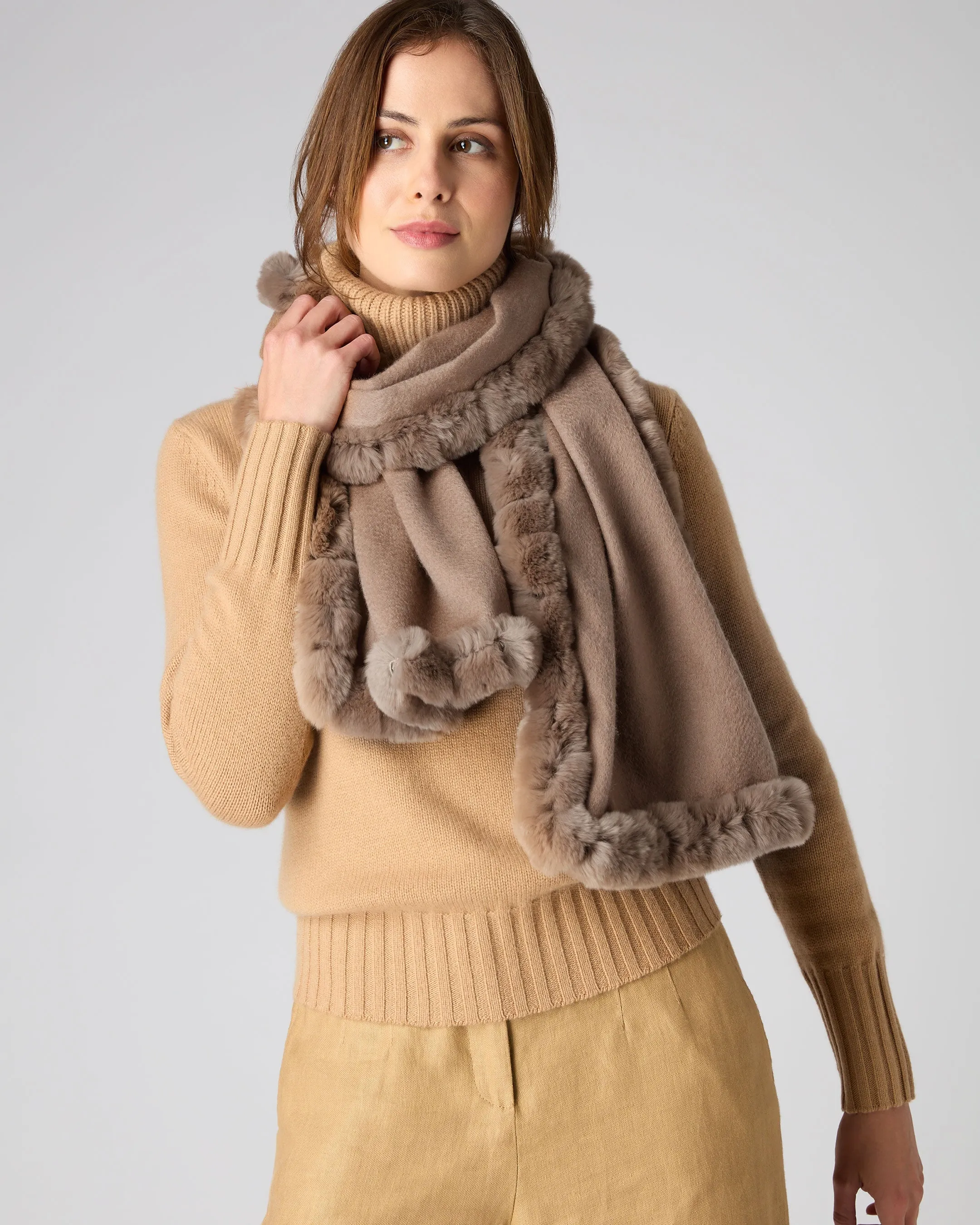 Women's Meribel Woven Fur Trim Scarf Dark Tan Brown