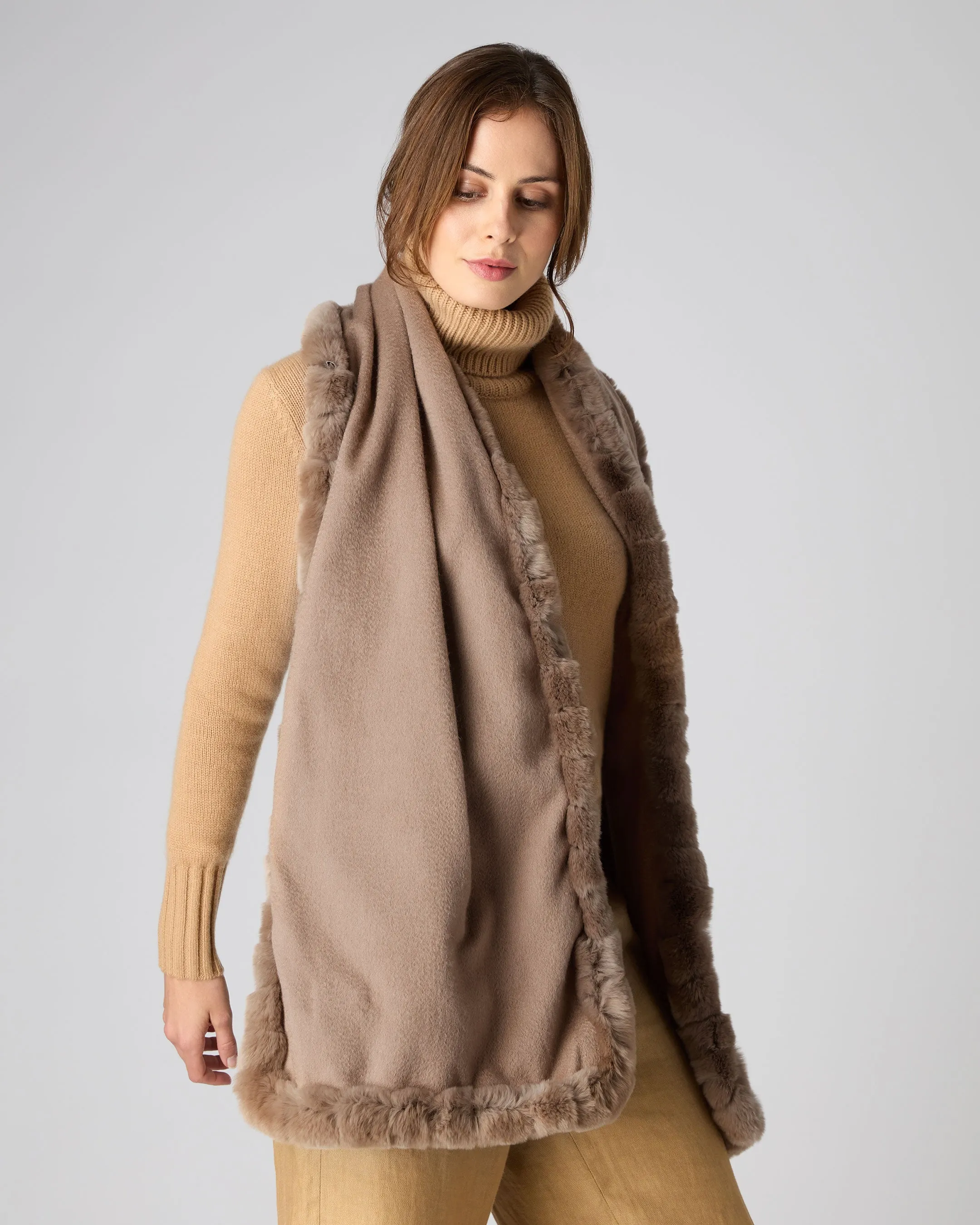 Women's Meribel Woven Fur Trim Scarf Dark Tan Brown