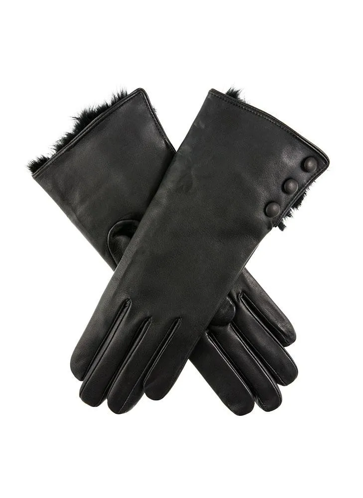 Women's Wool-Lined Leather Gloves with Fur Cuffs