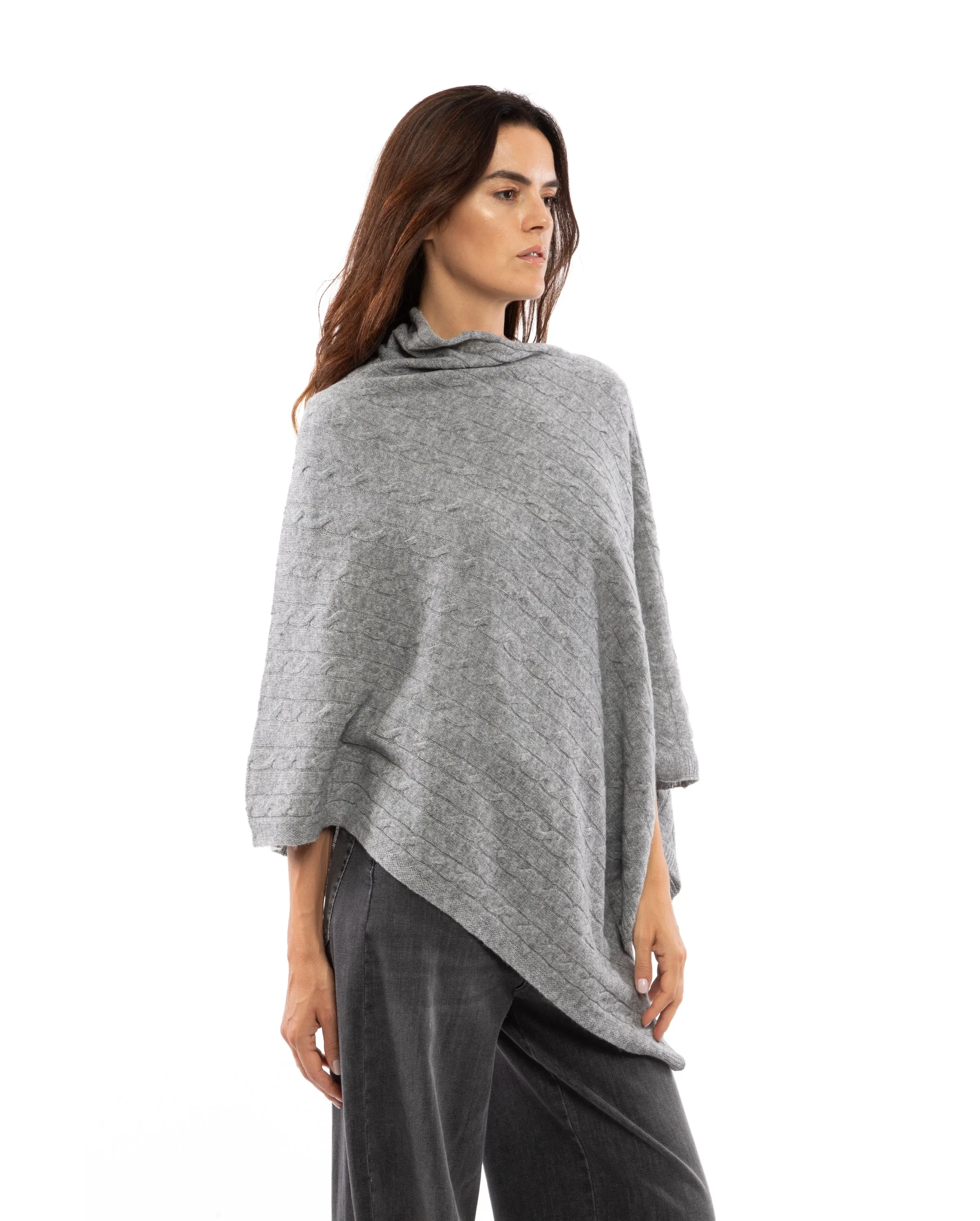 Womens's Pure Cashmere Cable Knit Poncho Melange Gray