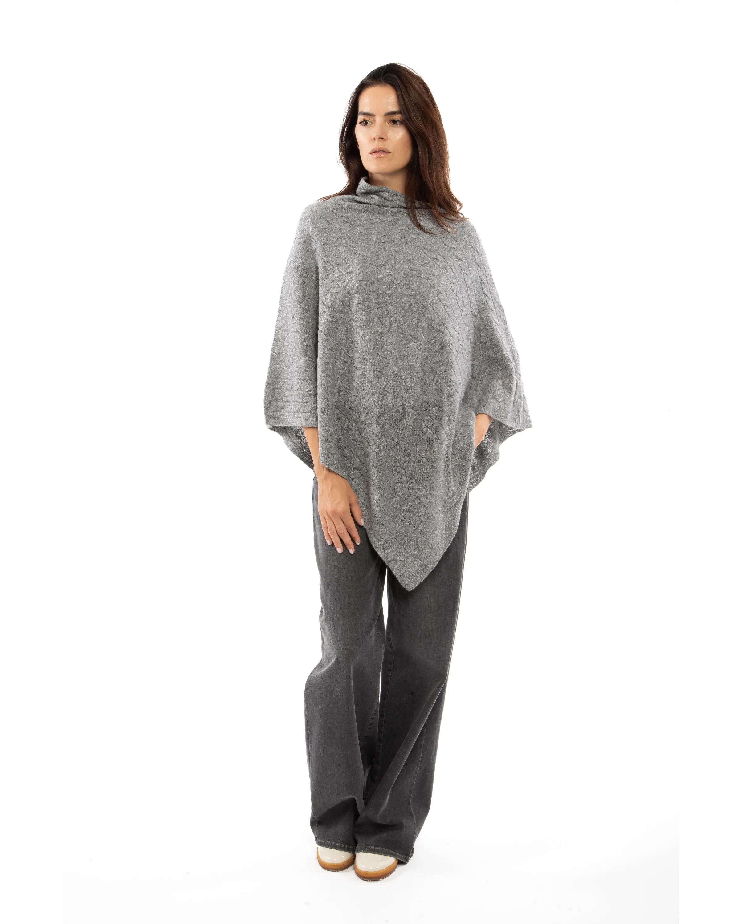 Womens's Pure Cashmere Cable Knit Poncho Melange Gray