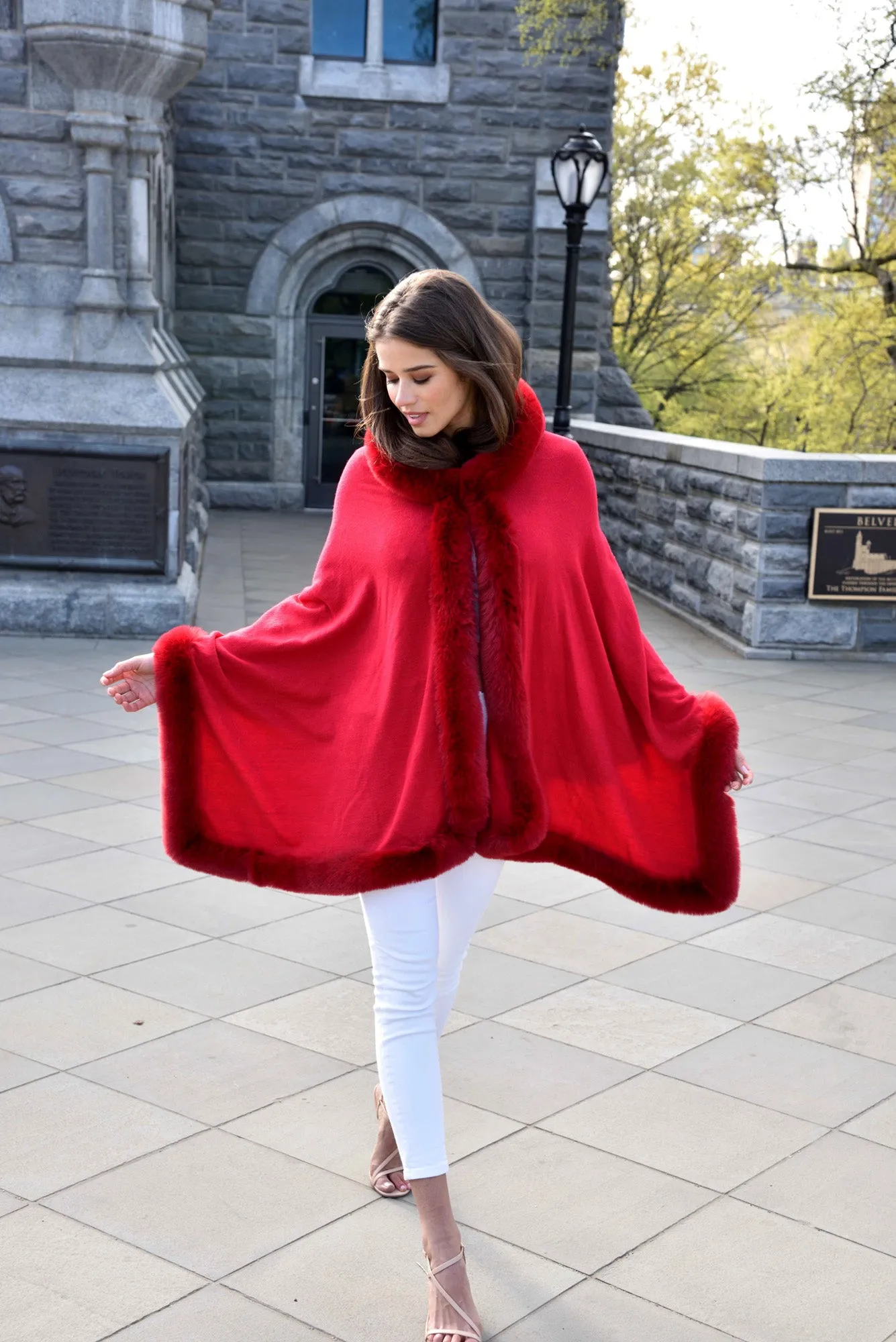 Wrap with Hood & Faux Fur Trim - Red