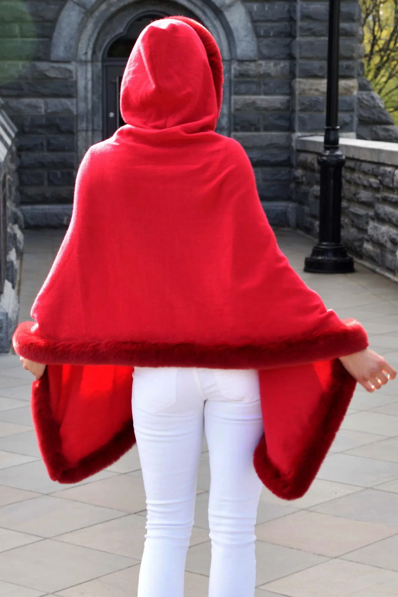 Wrap with Hood & Faux Fur Trim - Red