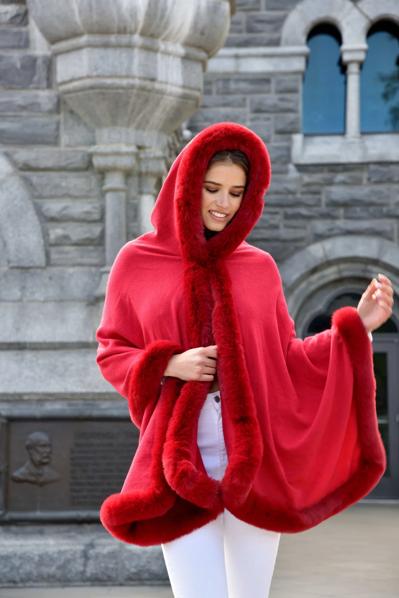 Wrap with Hood & Faux Fur Trim - Red