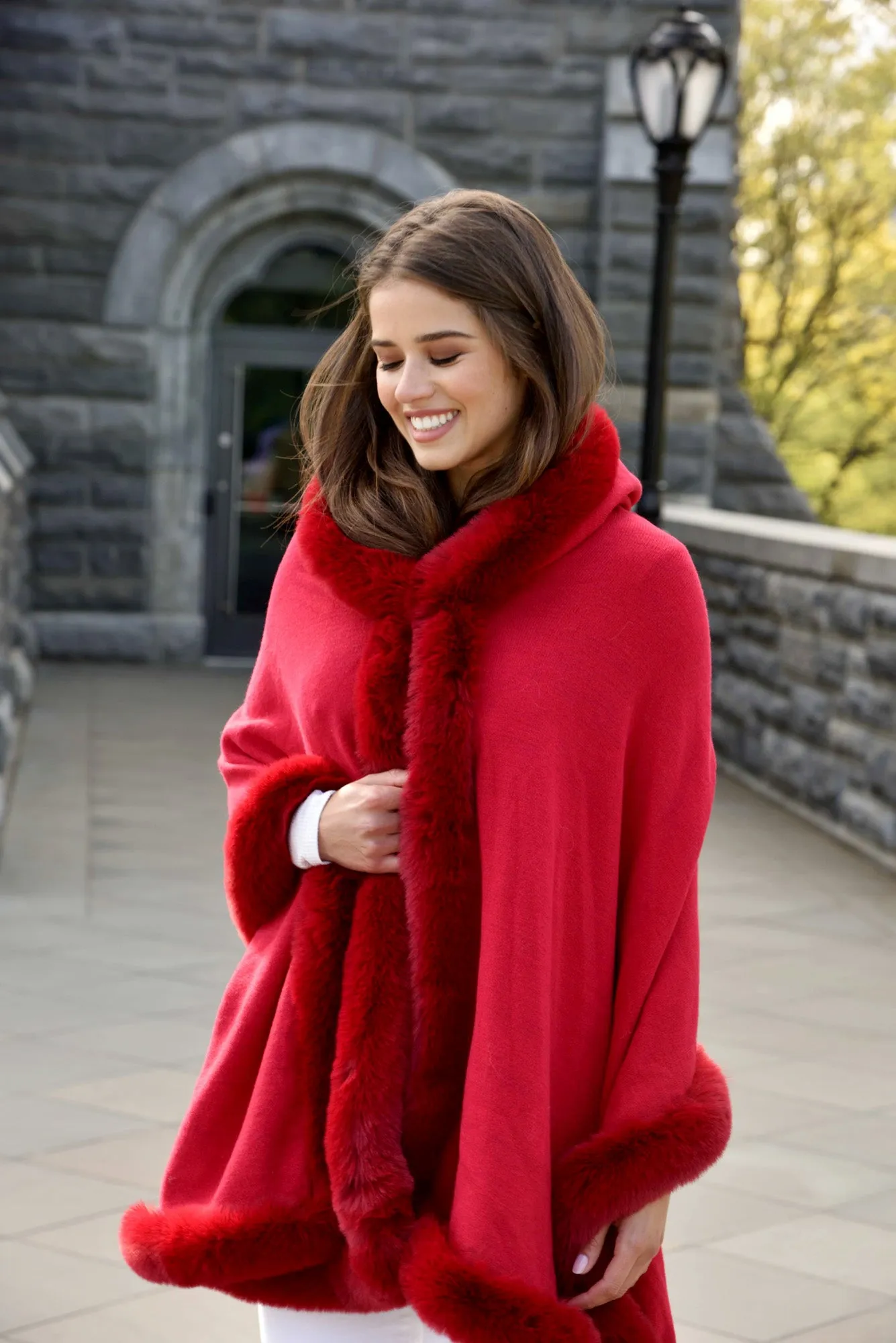 Wrap with Hood & Faux Fur Trim - Red