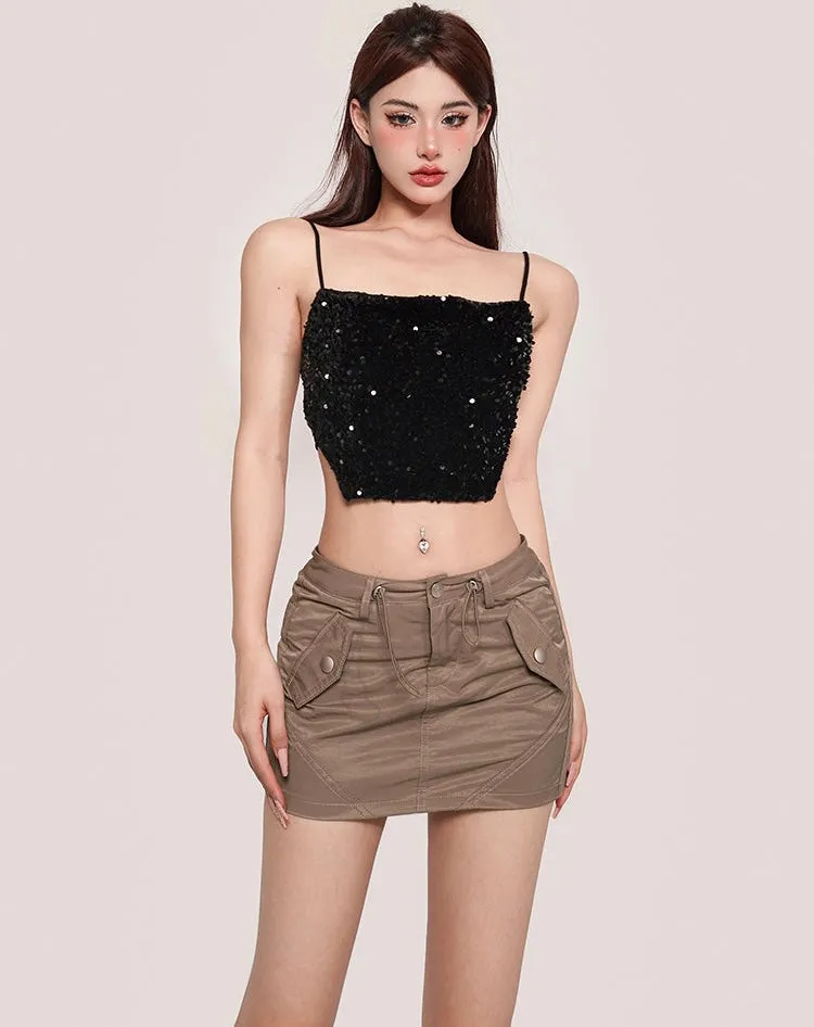 Xia Solid Color Sequin Spaghetti Strap Irregular Camisole Top