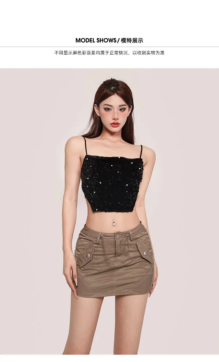 Xia Solid Color Sequin Spaghetti Strap Irregular Camisole Top