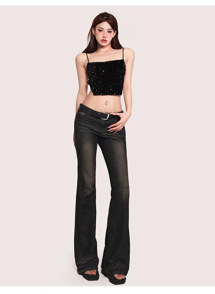 Xia Solid Color Sequin Spaghetti Strap Irregular Camisole Top