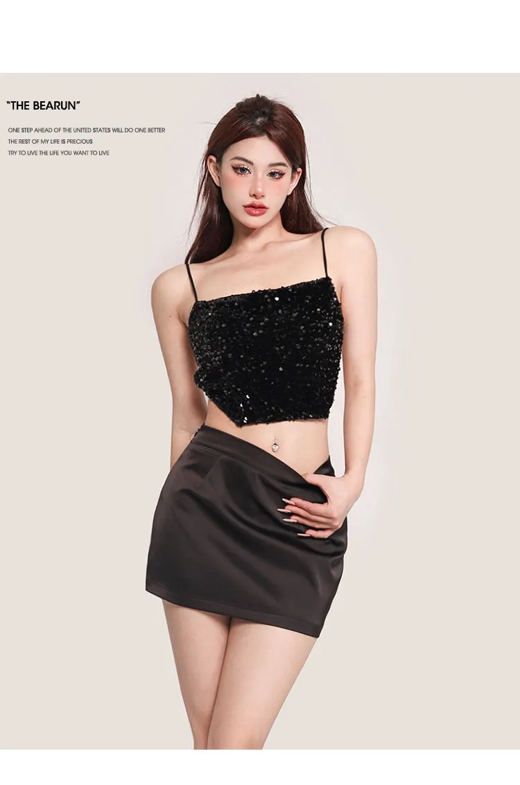 Xia Solid Color Sequin Spaghetti Strap Irregular Camisole Top