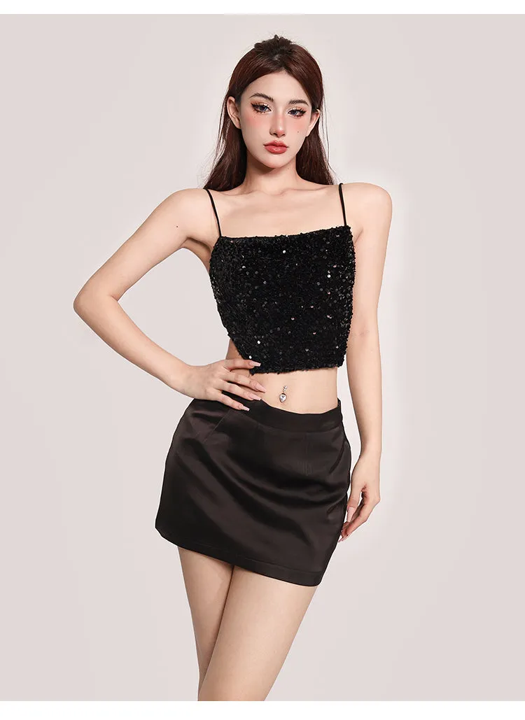 Xia Solid Color Sequin Spaghetti Strap Irregular Camisole Top