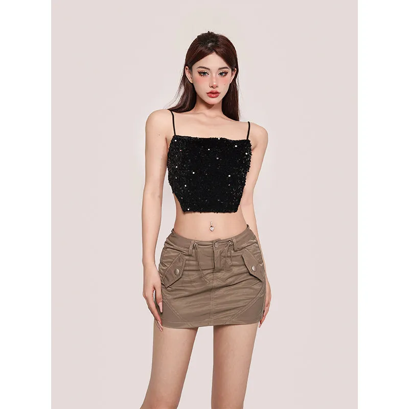 Xia Solid Color Sequin Spaghetti Strap Irregular Camisole Top