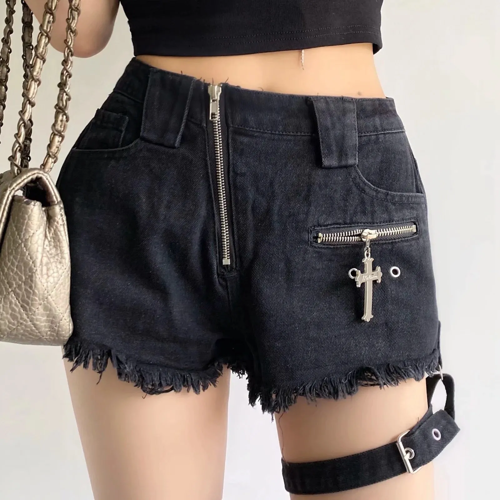 Zipper Design Denim Shorts Women High Waist Leggings