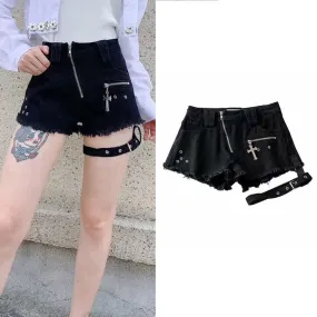 Zipper Design Denim Shorts Women High Waist Leggings