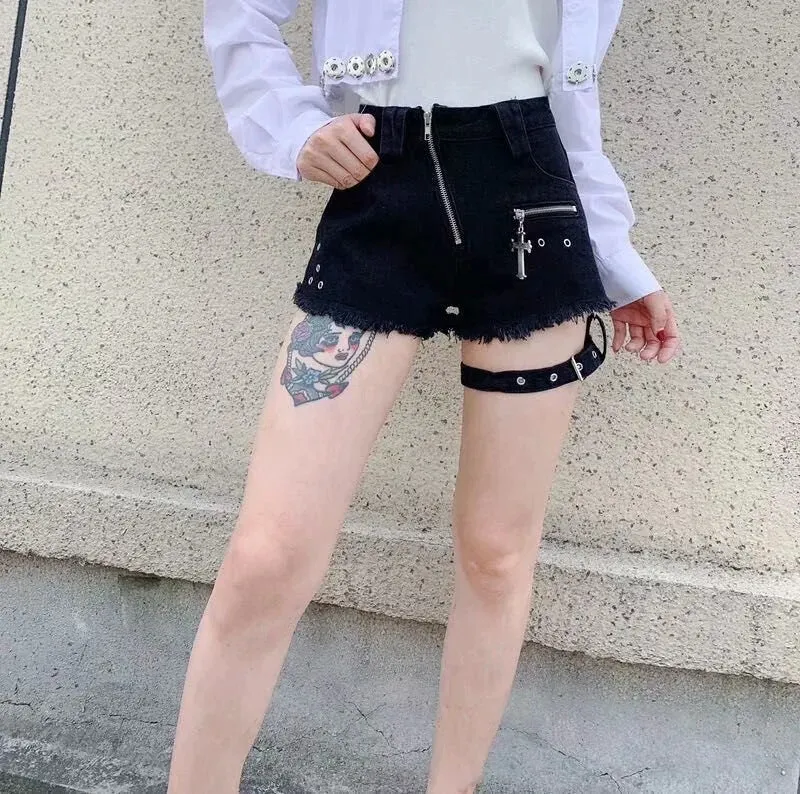 Zipper Design Denim Shorts Women High Waist Leggings