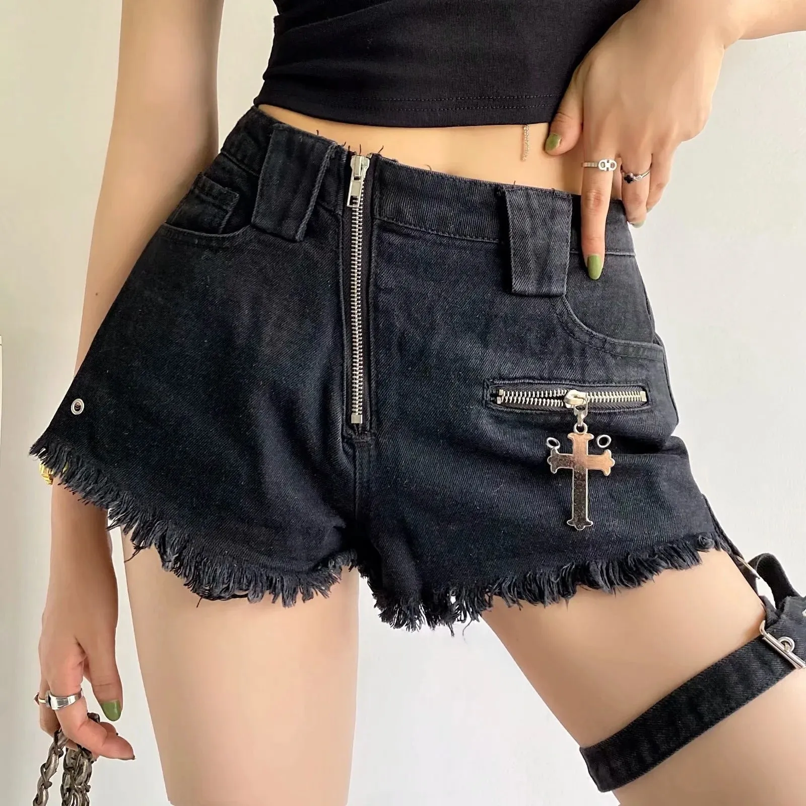 Zipper Design Denim Shorts Women High Waist Leggings